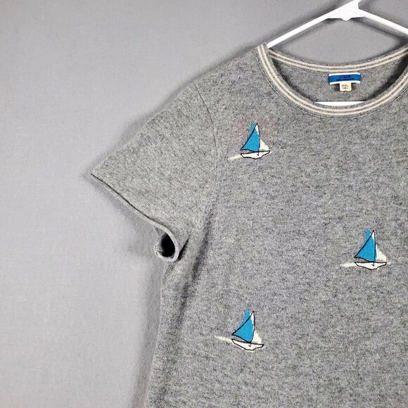 J Crew Sweater 100% Cashmere Grey Monaco Blue Sailboats SS - Picture 5 of 10